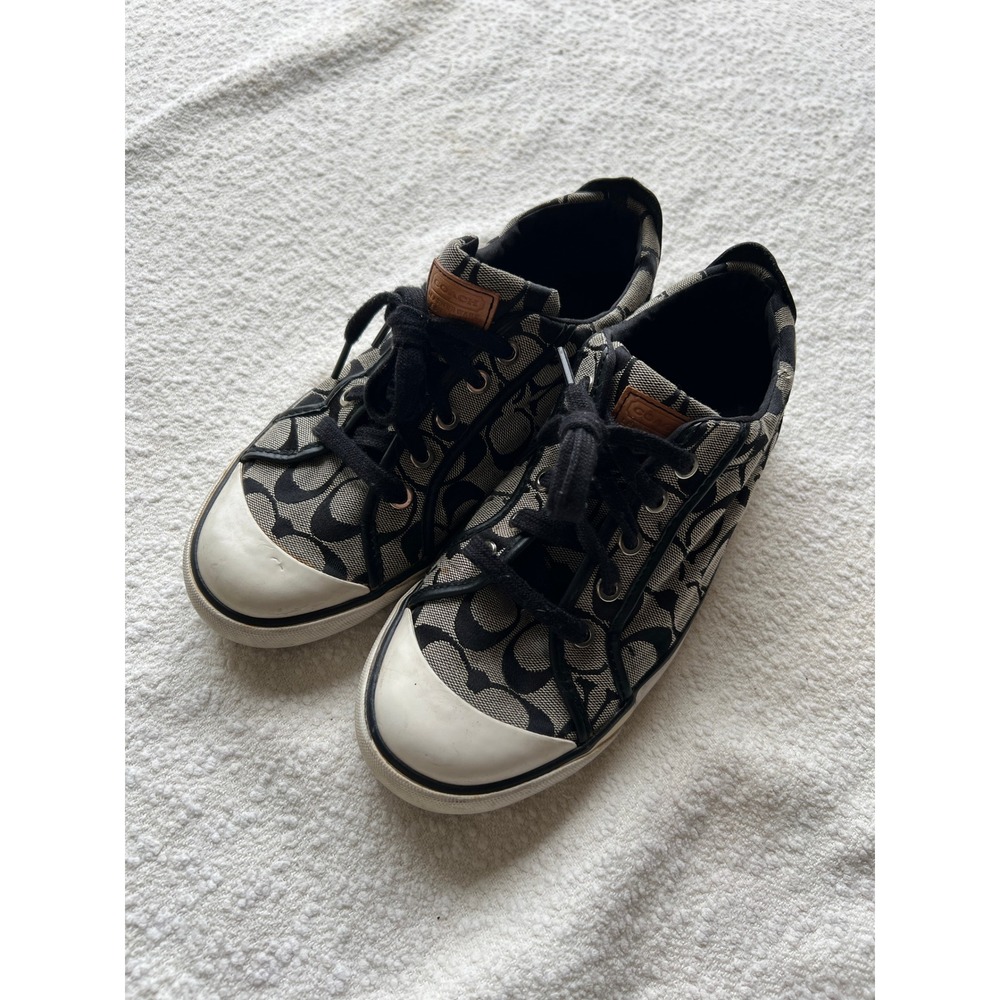 Coach Barrett Signature Monogram Canvas Low Top Sneakers Black White 9.5B